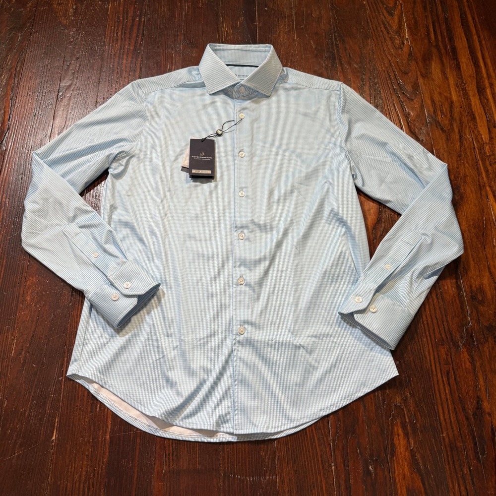 Victor Emmanuel Shirt Mens S Light Blue Micro Check Ultra Stretch 429502V NWT